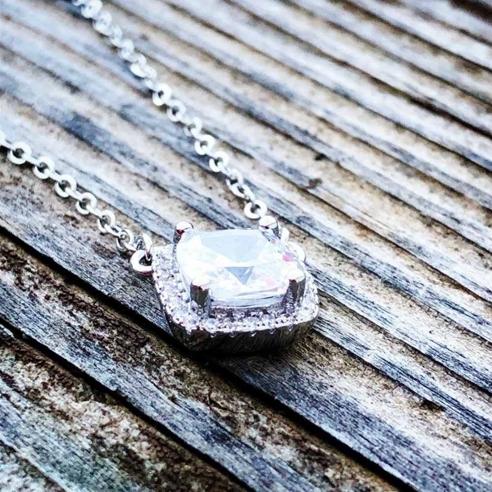 925 Cushion Cut Diamond with Halo Necklace - Picture 8 of 9